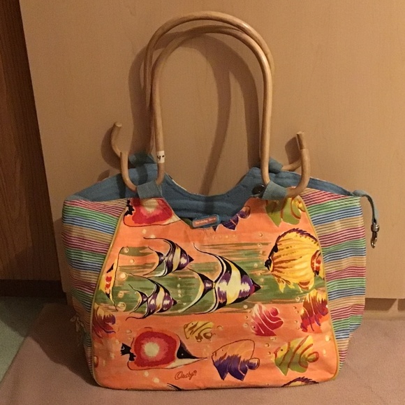 Anne Ormsby “ Surviving Stress” Carribean Themed Tote Bag with Bamboo Handlea - Picture 1 of 11